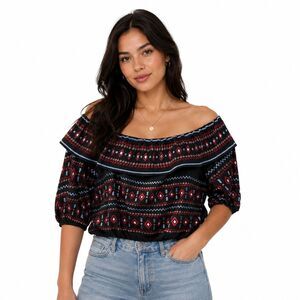 Savanna Jane Blouse Womens Medium Black Geometric Off Shoulder 3/4 Sleeve Top